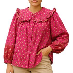 Joie Pink Floral Ruffle Button Front Boho Ditzy Blouse Women's Size M